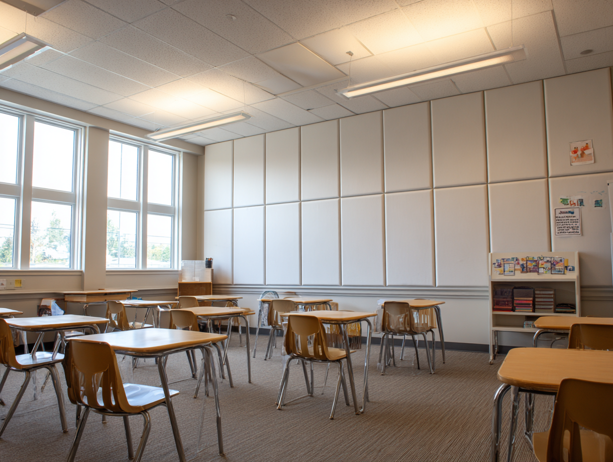 Acoustic wall panels covering full classroom wall in an elementary school